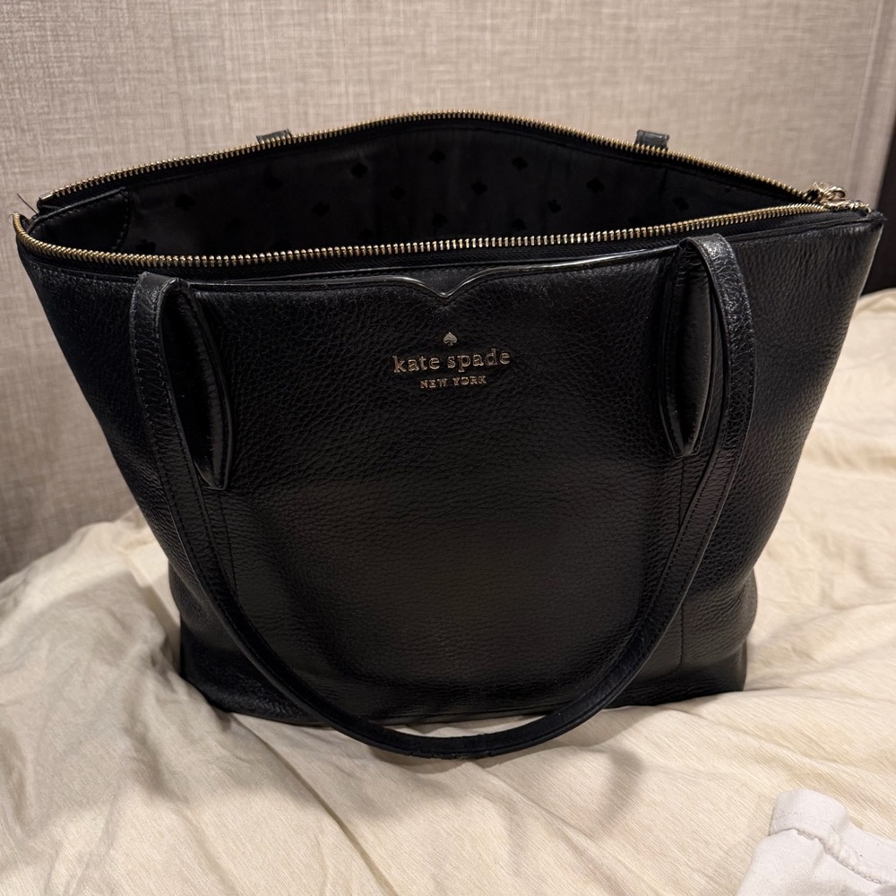 kate spade Black Leather Zip Top Tote